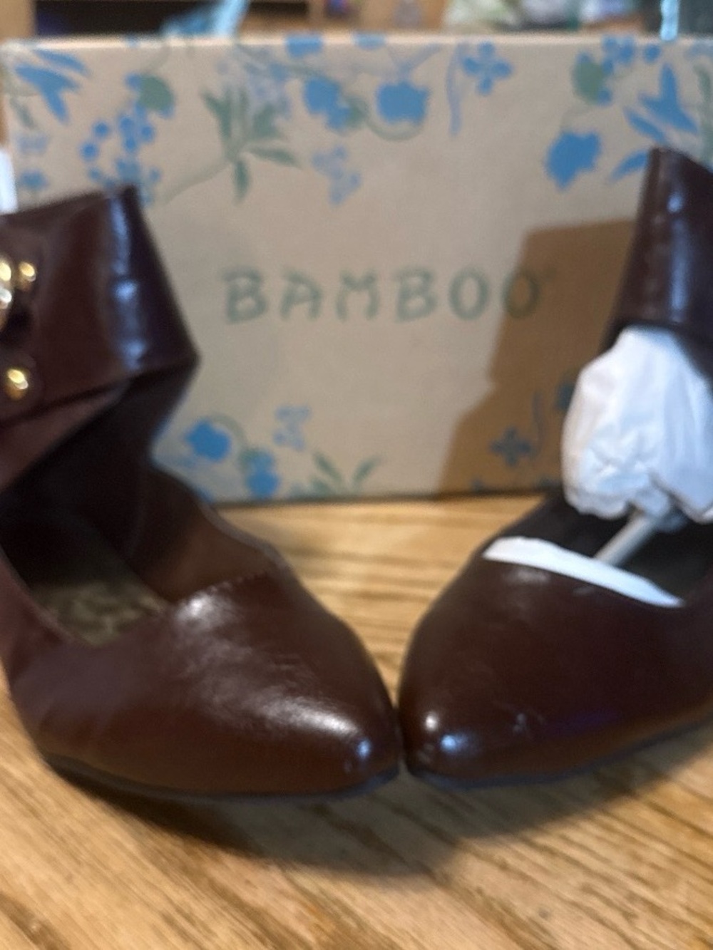 BAMBOO Dark Brown Pointed Toe Ankle Strap Flats